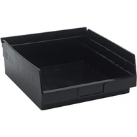 Economy Shelf Bin, nesting, 11-5/8W x 11-1/8D x 4H, (7) divider slots, rear hanglock, molded-in label holder, recycled polypropylene, black, Made in USA