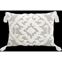 13" X 18" Grey And White Damask Zippered Polyester And Cotton Blend Throw Pillow With Tassels