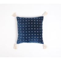 18" X 18" Blue and White Geometric Cotton Pillow Cover With Embroidery and Tassels