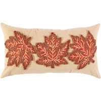 14" X 26" Beige and Brown Autumn Leaves Throw Pillow With Applique And Embroidery