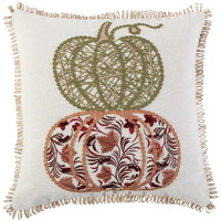 18" Ivory Green and Red Thanksgiving Cotton Pillow With Applique, Embroidery Edges