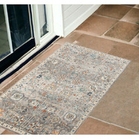 2' X 3' Blue and Orange Floral Stain Resistant Indoor Outdoor Area Rug