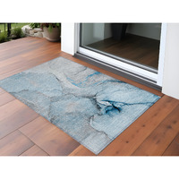 2' X 3' Blue and Ivory Abstract Washable Non Skid Indoor Outdoor Area Rug