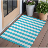 2' X 3' Teal Striped Washable Non Skid Indoor Outdoor Area Rug