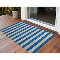 2' X 3' Blue and Ivory Striped Washable Non Skid Indoor Outdoor Area Rug