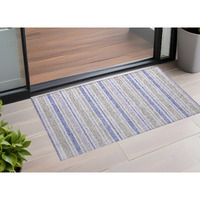 2' X 3' Ivory Blue and Gray Striped Washable Non Skid Indoor Outdoor Area Rug