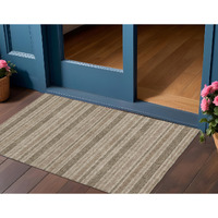2' X 3' Taupe Striped Washable Non Skid Indoor Outdoor Area Rug