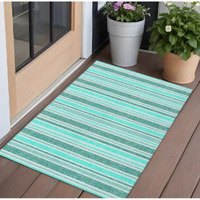 2' X 3' Turquoise Striped Washable Non Skid Indoor Outdoor Area Rug