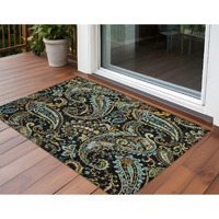 2' X 3' Black and Gold Paisley Washable Non Skid Indoor Outdoor Area Rug