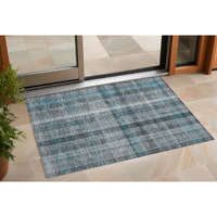 2' X 3' Teal Plaid Washable Non Skid Indoor Outdoor Area Rug