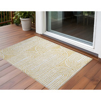 2' X 3' Gold and White Abstract Washable Non Skid Indoor Outdoor Area Rug