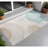2' X 3' Beige and Blue Abstract Washable Non Skid Indoor Outdoor Area Rug