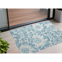 2' X 3' Denim and Ivory Floral Washable Non Skid Indoor Outdoor Area Rug