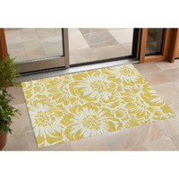 2' X 3' Gold and White Floral Washable Non Skid Indoor Outdoor Area Rug