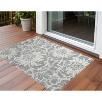 2' X 3' Gray and Ivory Floral Washable Non Skid Indoor Outdoor Area Rug