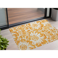 2' X 3' Orange and White Floral Washable Non Skid Indoor Outdoor Area Rug
