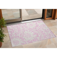 2' X 3' Pink and Ivory Floral Washable Non Skid Indoor Outdoor Area Rug