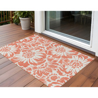 2' X 3' Salmon and Ivory Floral Washable Non Skid Indoor Outdoor Area Rug