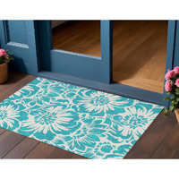 2' X 3' Teal and Ivory Floral Washable Non Skid Indoor Outdoor Area Rug