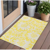 2' X 3' Yellow and Ivory Floral Washable Non Skid Indoor Outdoor Area Rug