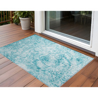 2' X 3' Teal Abstract Washable Non Skid Indoor Outdoor Area Rug