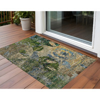 2' X 3' Taupe Blue and Green Floral Washable Non Skid Indoor Outdoor Area Rug