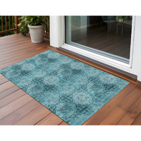 2' X 3' Teal Floral Medallion Washable Non Skid Indoor Outdoor Area Rug