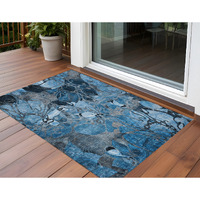 2' X 3' Blue and Gray Floral Washable Non Skid Indoor Outdoor Area Rug