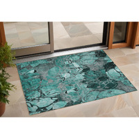 2' X 3' Teal Black and Gray Floral Washable Non Skid Indoor Outdoor Area Rug