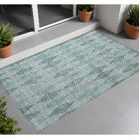 2' X 3' Teal Geometric Washable Non Skid Indoor Outdoor Area Rug