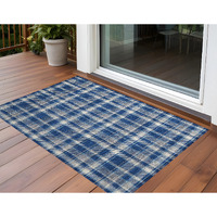 2' X 3' Navy and Ivory Plaid Washable Non Skid Indoor Outdoor Area Rug
