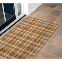 2' X 3' Orange and Ivory Plaid Washable Non Skid Indoor Outdoor Area Rug