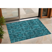 2' X 3' Teal Floral Medallion Washable Non Skid Indoor Outdoor Area Rug