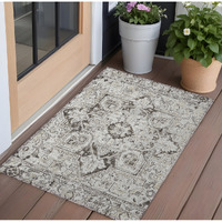 2' X 3' Ivory and Dark Brown Oriental Washable Non Skid Indoor Outdoor Area Rug