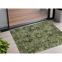 2' X 3' Olive Green and Dark Green Oriental Washable Non Skid Indoor Outdoor Area Rug