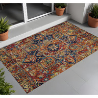 2' X 3' Red Orange and Blue Oriental Washable Non Skid Indoor Outdoor Area Rug