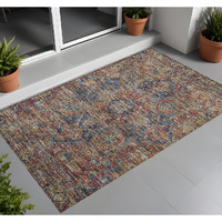 2' X 3' Red Orange and Blue Oriental Washable Non Skid Indoor Outdoor Area Rug
