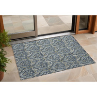 2' X 3' Blue and Cream Damask Washable Non Skid Indoor Outdoor Area Rug