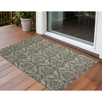 2' X 3' Taupe and Beige Damask Washable Non Skid Indoor Outdoor Area Rug