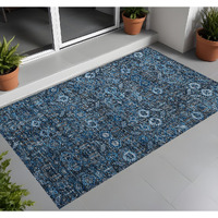2' X 3' Blue and Black Floral Washable Non Skid Indoor Outdoor Area Rug