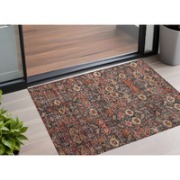 2' X 3' Red and Dark Blue Floral Washable Non Skid Indoor Outdoor Area Rug