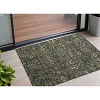 2' X 3' Moss Green and Gray Floral Washable Non Skid Indoor Outdoor Area Rug