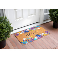24" X 36" Natural Blue and Purple Coir Floral Hello Outdoor Door Mat