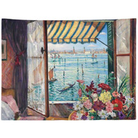 Window Venice Wall Tapestry Vintage Oil Painting Bedroom Dormitory Decorative Tapestry, 29x39 inch