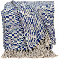Blue and Beige Woven Handloom Throw with Tassels