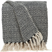Boho Black and Beige Woven Diamond Pattern Throw with Tassels