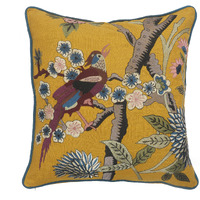 20 X 20 Blue and Yellow Bird Floral cotton Zippered Pillow With Embroidery
