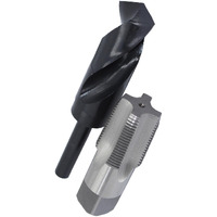 1" Carbon Steel NPT Tap and 1-5/32" HSS Drill Bit in plastic pouch. 1-5/32" drill bit has 1/2" shank.