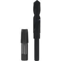 1/2" Carbon Steel NPT Tap and 23/32" HSS Drill Bit in plastic pouch. 23/32" drill bit has 1/2" shank.