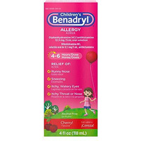 Benadryl Children's Allergy Relief Liquid Medicine with Diphenhydramine HCl, Kids' Allergy Syrup for Allergy Symptoms Like Runny Nose, Itchy Eyes & More, Cherry Flavor, 4 fl. oz